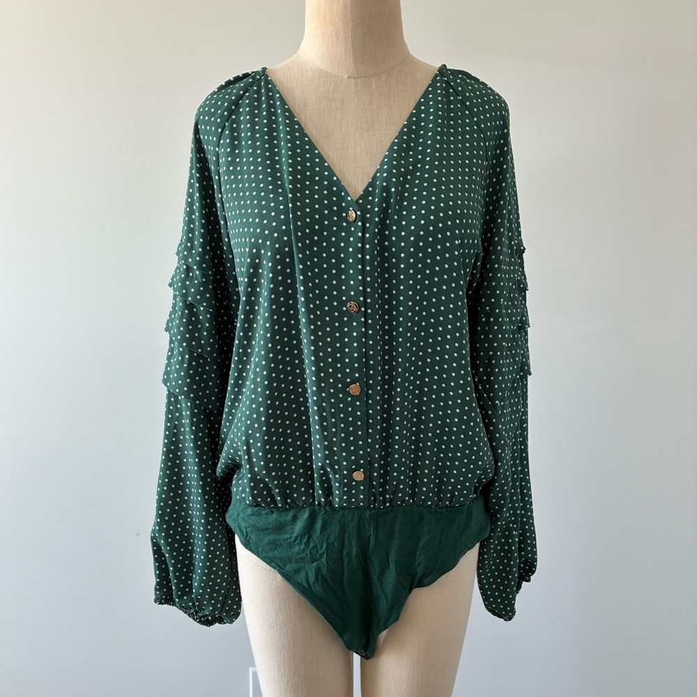 Draper James Green Polka Dot Long Sleeve Bodysuit